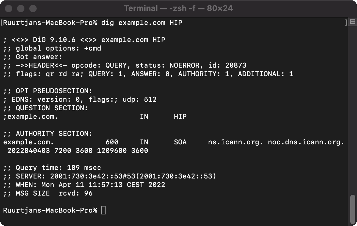 Example output of a HIP lookup query
