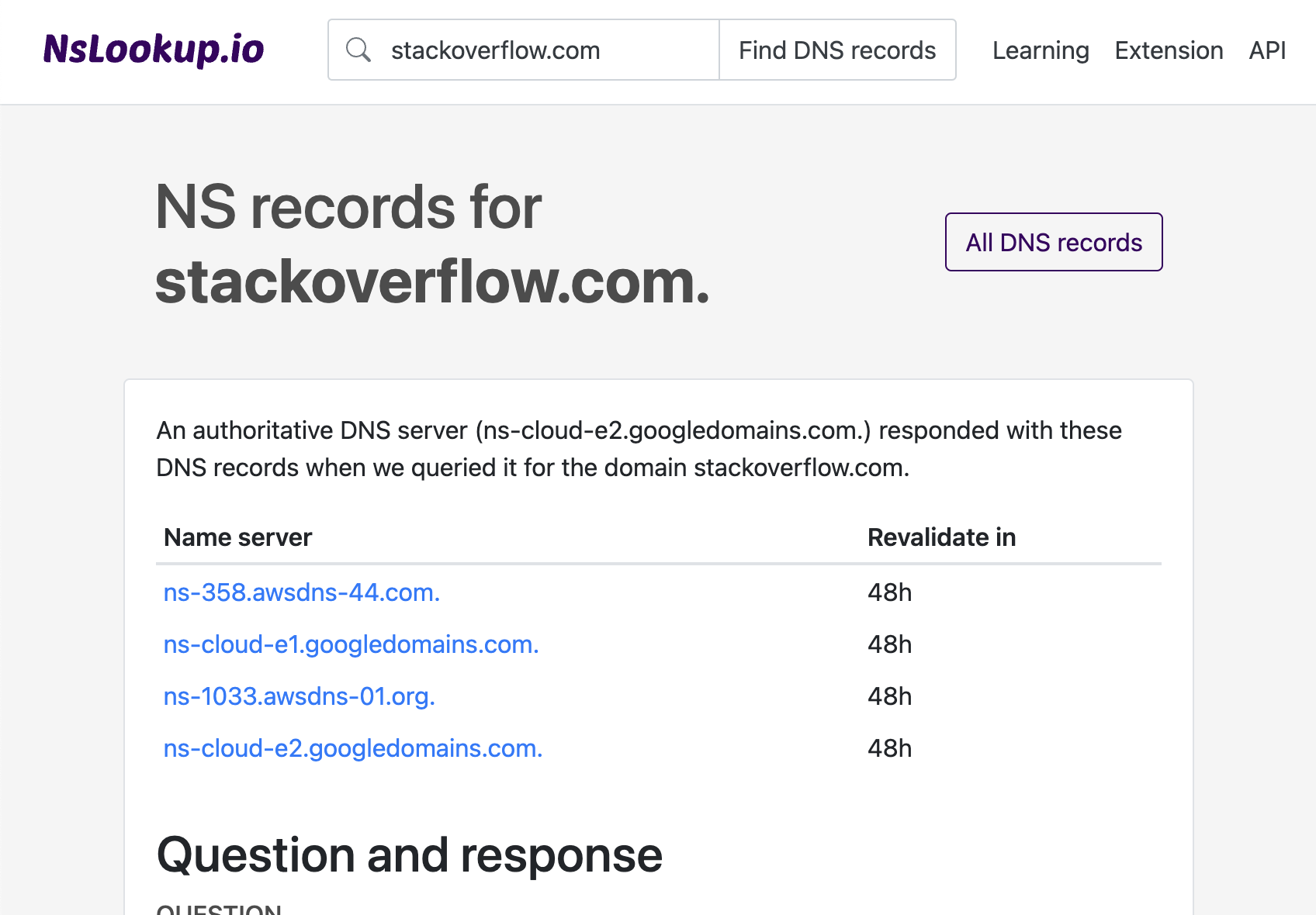 Example DNS NS records